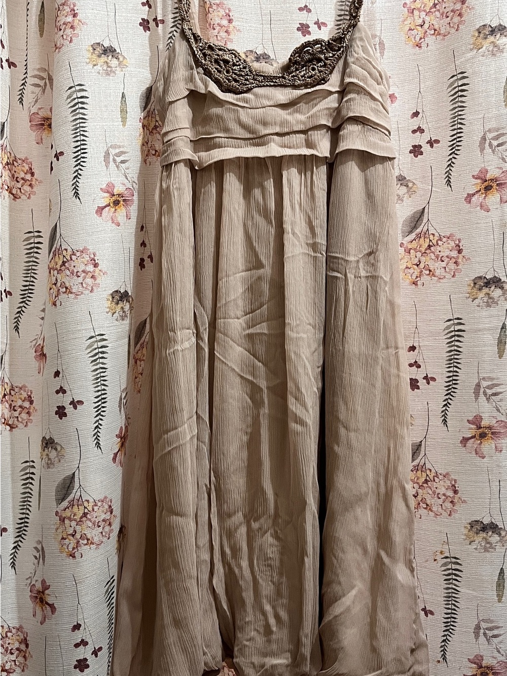 Relaxed Taupe Midi Dress with Crochet Yoke